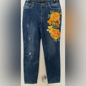 Juliette Jeans Embroidered Yellow Flower Floral Pants Size 8 Fashion